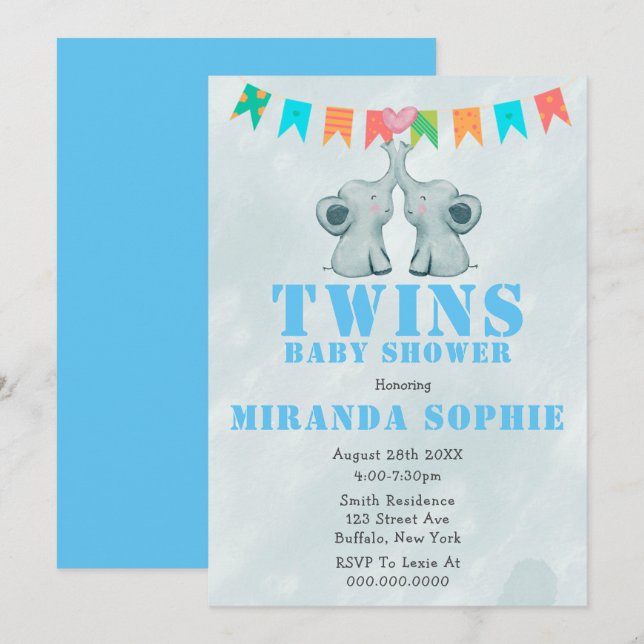 Elephant Twins Watercolor Baby Shower Invitations  (Front/Back)