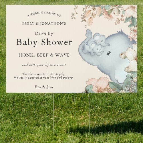 Elephant Twins Welcome Drive By Baby Shower cream Sign