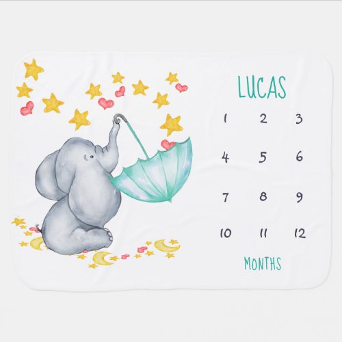 Elephant Umbrella and Stars Boys Name Milestone Baby Blanket