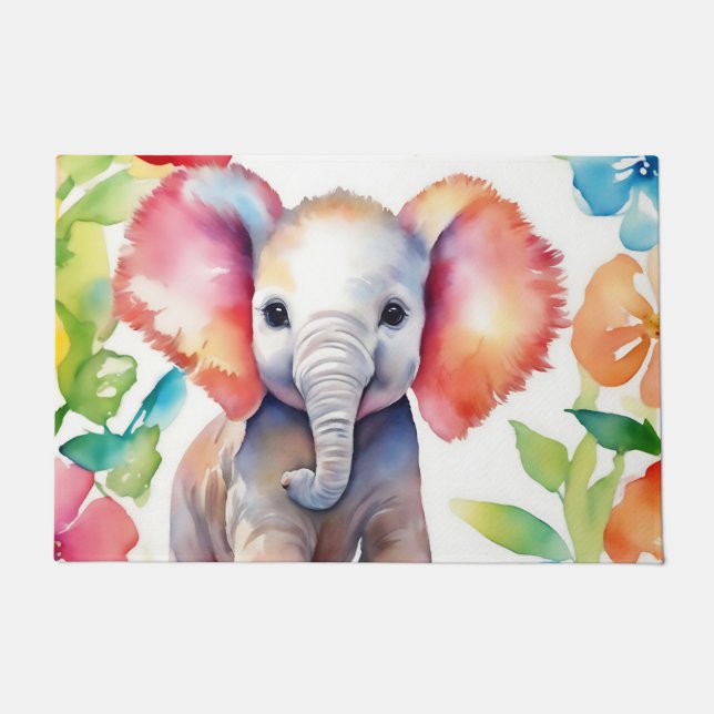 Elephant Vibrant Watercolor Doormat (Front)