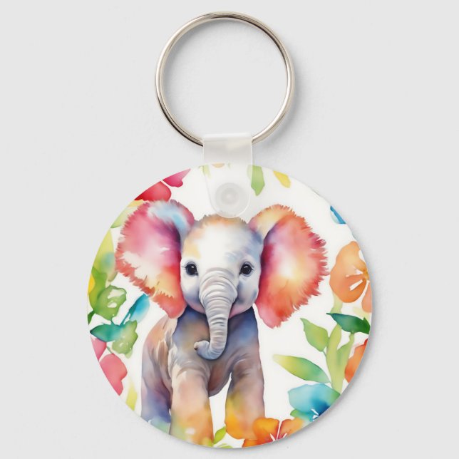 Elephant Vibrant Watercolor Keychain (Front)