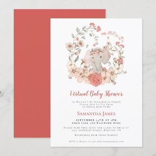 Elephant Vintage Foliage Coral Virtual Baby Shower Invitation