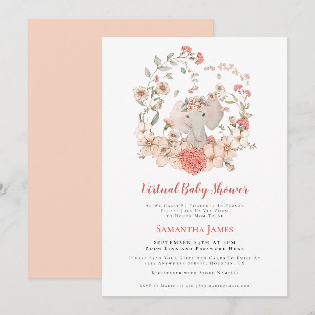 Elephant Vintage Foliage Peach Virtual Baby Shower Invitation (Front/Back)