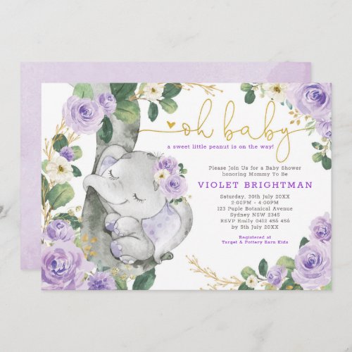 Elephant Violet Purple Floral Garden Baby Shower Invitation