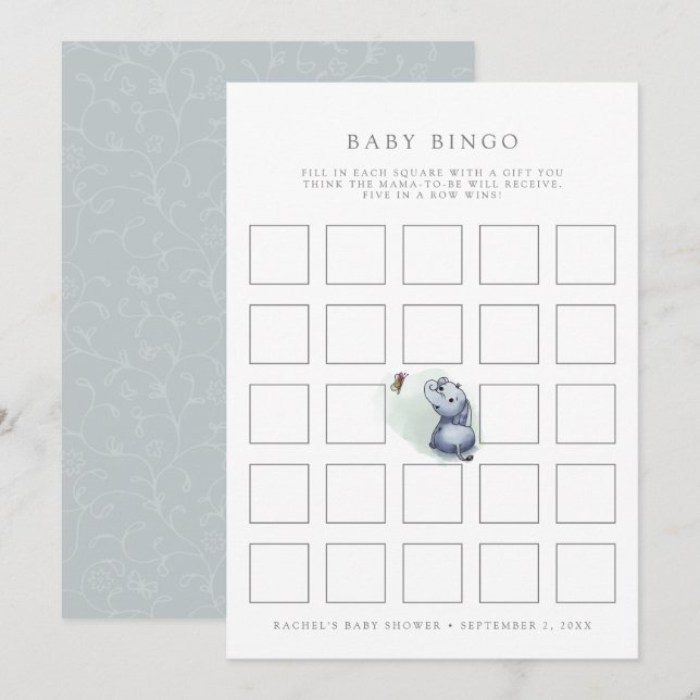 Elephant w butterfly baby shower bingo game card (Front/Back)