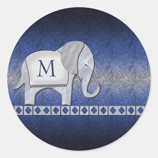 Elephant Walk Monogram Silver/Blue ID390 Classic Round Sticker (Front)