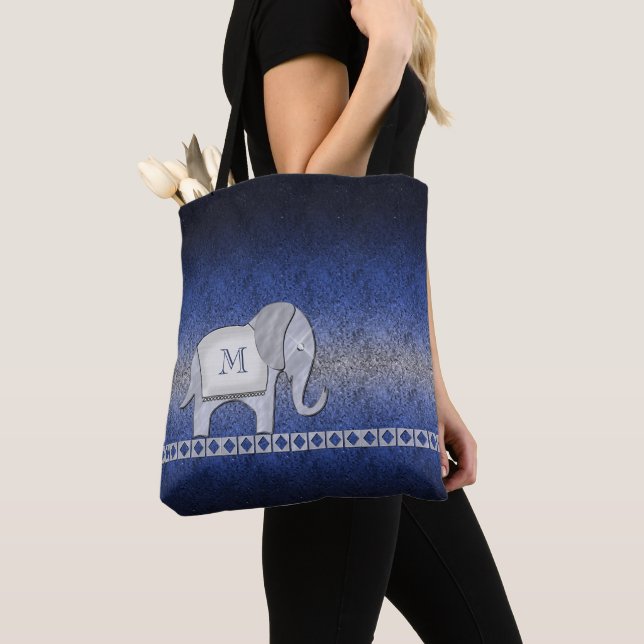 Elephant Walk Monogram Silver/Blue ID390 Tote Bag (Close Up)