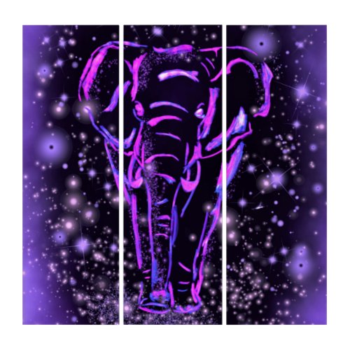 Elephant Walking At Starry Night Triptych Purple