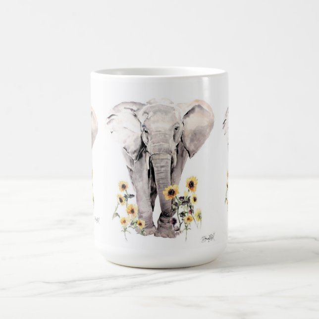 Elephant walking in the middle of sunflowers coffee mug (Center)