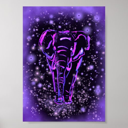 Elephant Walking Poster Starry Night Purple Pink