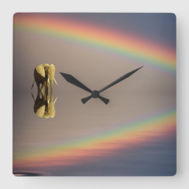 Elephant, Water & Rainbow, Kenya Square Wall Clock (Front)