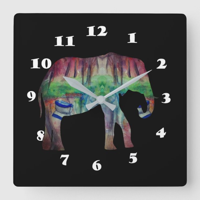 Elephant Watercolor Art Square Wall Clock (Front)