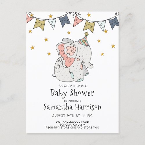 Elephant Watercolor Baby Shower Invitation Postcar