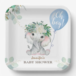 Elephant Watercolor Blue Balloon Boy Baby Shower  Paper Plates