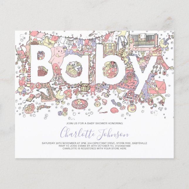 Elephant Watercolor Budget Baby Shower Purple Flyer (Front)