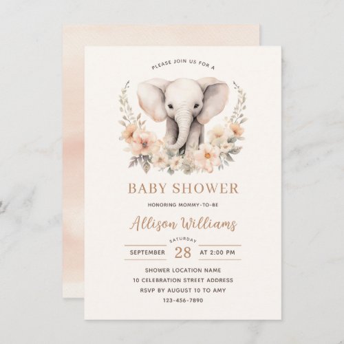 Elephant Watercolor Floral Baby Shower  Invitation