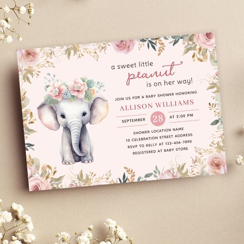 Elephant Watercolor Floral Girl Baby Shower  Invitation