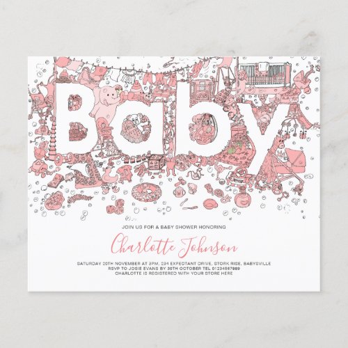 Elephant Watercolor Girls Budget Baby Shower Pink Flyer