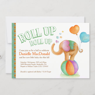 Elephant watercolor green brown baby shower invitation