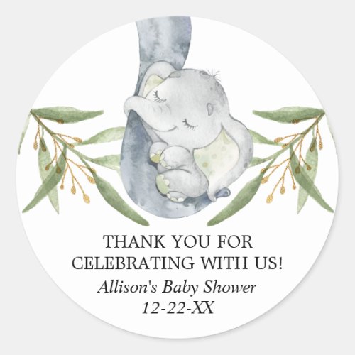 Elephant watercolor greenery green gold favor classic round sticker