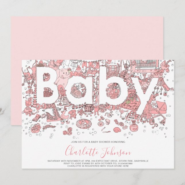 Elephant Watercolor Pink Baby Shower Invitation (Front/Back)