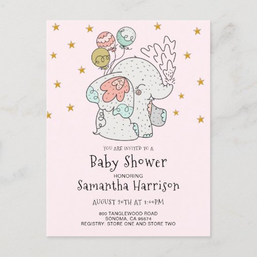 Elephant Watercolor Pink Girl Baby Shower  Invitat Invitation Postcard