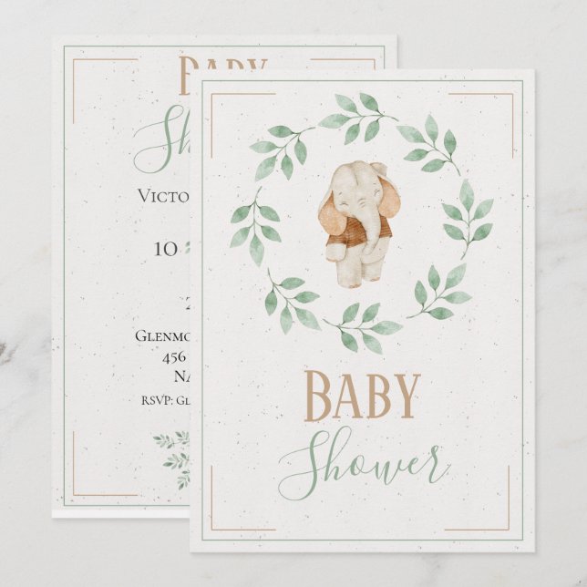Elephant Watercolor Wreath Baby Shower Invitation (Front/Back)