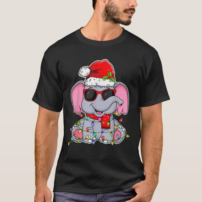 Elephant Wearing Glasses Santa Hat Elephant Lover  T-Shirt (Front)
