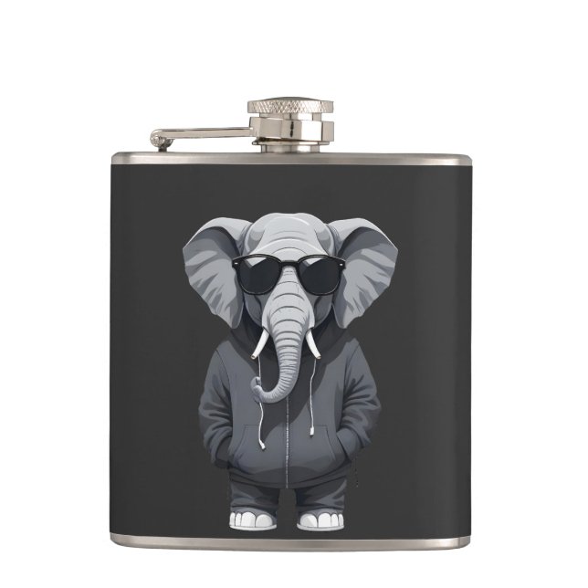 Elephant Wearing Hoodie Funny Cool Animal Vector Flask (Front)