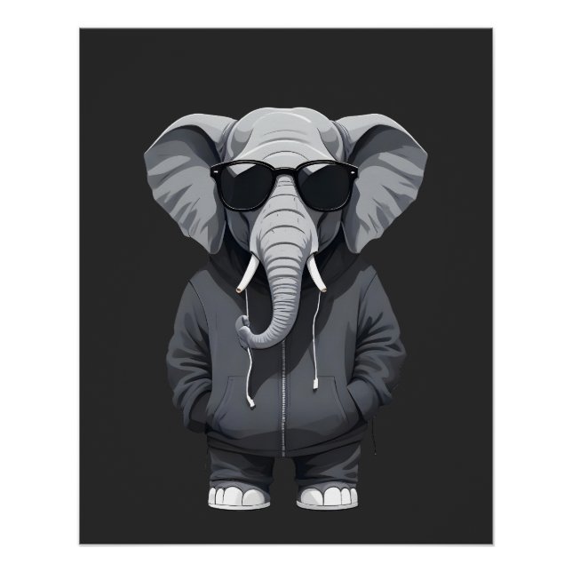 Elephant Wearing Hoodie Funny Cool Animal Vector Poster (Front)