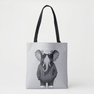 Elephant Wearing Hoodie Funny Cool Animal Vector Tote Bag