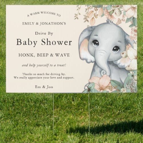 Elephant Welcome to Drive By Baby Shower Cream Sign