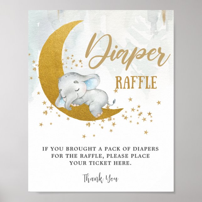 Elephant We're Over the Moon Boy Diaper Raffle Poster (Front)