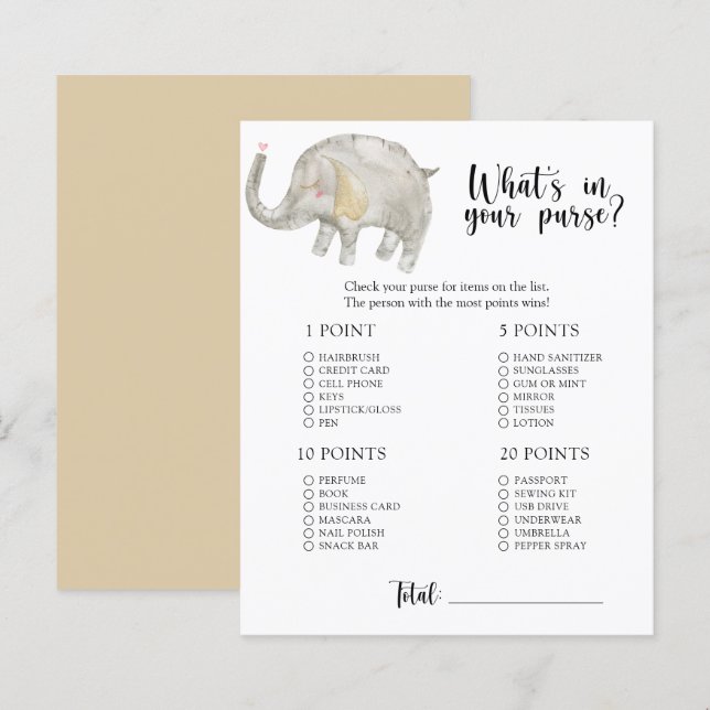 Elephant - Whats in your purse baby shower game (Front/Back)