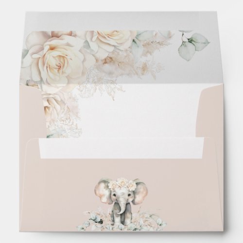 Elephant White Roses Boho Pampas Baby Girl Shower Envelope