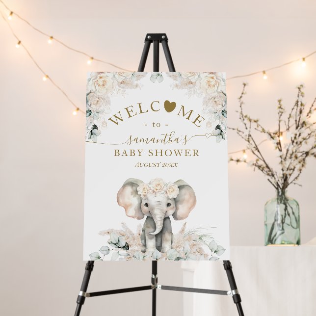Elephant White Roses Boho Pampas Baby Girl Shower Foam Board (In Situ (Stand))