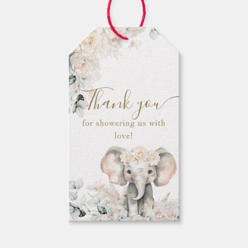 Elephant White Roses Boho Pampas Baby Girl Shower Gift Tags