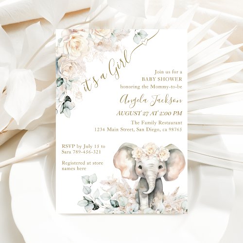 Elephant White Roses Boho Pampas Baby Girl Shower Invitation