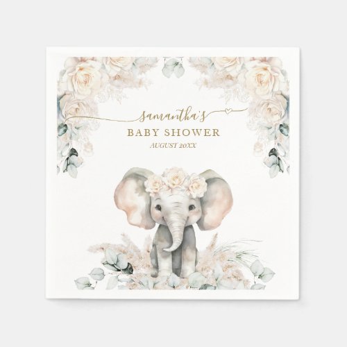 Elephant White Roses Boho Pampas Baby Girl Shower Napkins