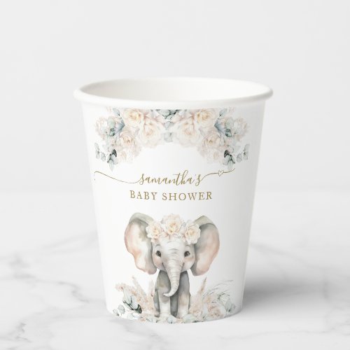 Elephant White Roses Boho Pampas Baby Girl Shower Paper Cups