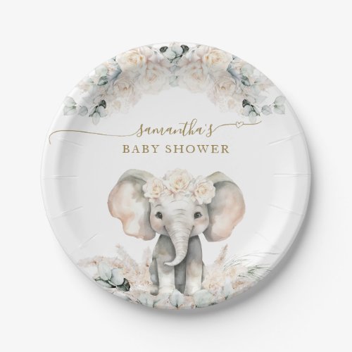 Elephant White Roses Boho Pampas Baby Girl Shower Paper Plates