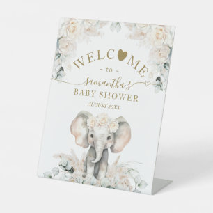 Elephant White Roses Boho Pampas Baby Girl Shower Pedestal Sign