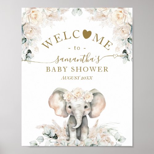 Elephant White Roses Boho Pampas Baby Girl Shower Poster