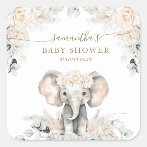 Elephant White Roses Boho Pampas Baby Girl Shower Square Sticker