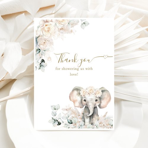 Elephant White Roses Boho Pampas Baby Girl Shower Thank You Card