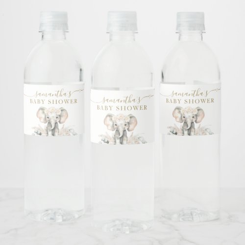 Elephant White Roses Boho Pampas Baby Girl Shower Water Bottle Label