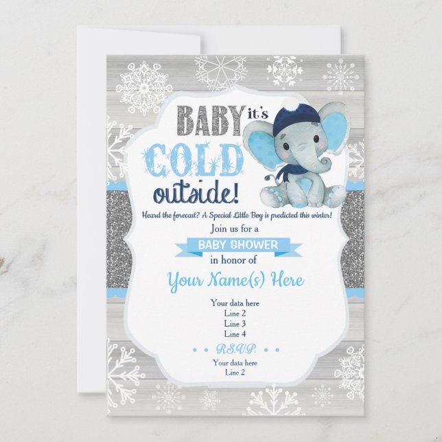 Elephant Winter Invitation for Boy Baby Shower (Front)