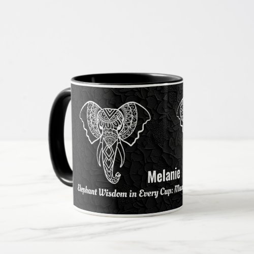 Elephant Wisdom Mandala Morning Serenity on Black Mug
