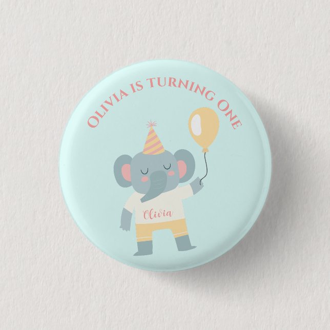 Elephant with a hat and a balloon birthday party button (Front)