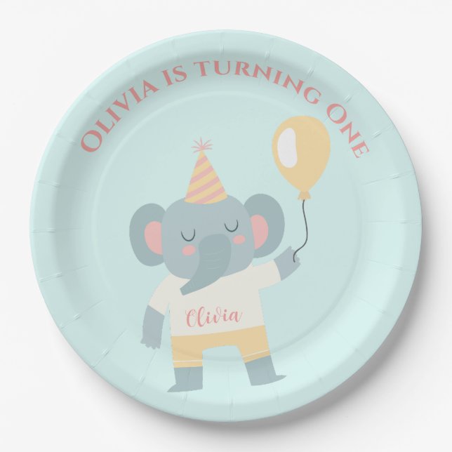 Elephant with a hat and a balloon birthday party paper plates (Front)